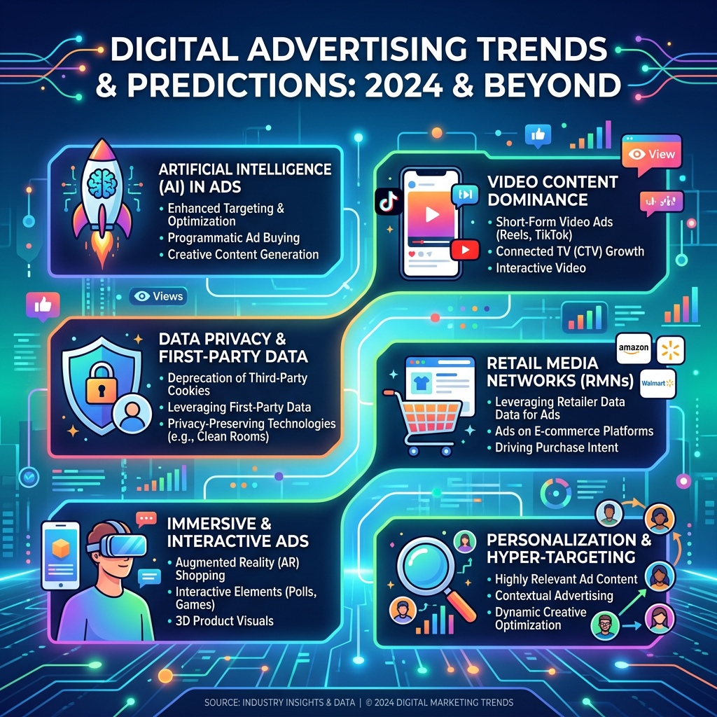 Digital advertising trends and predictions for 2024 including AI ads, video content dominance, data privacy, retail media networks, immersive ads, and personalization.
